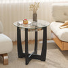 Round side table with tempered glass top and solid rubber wood base, perfect for living room or office use.