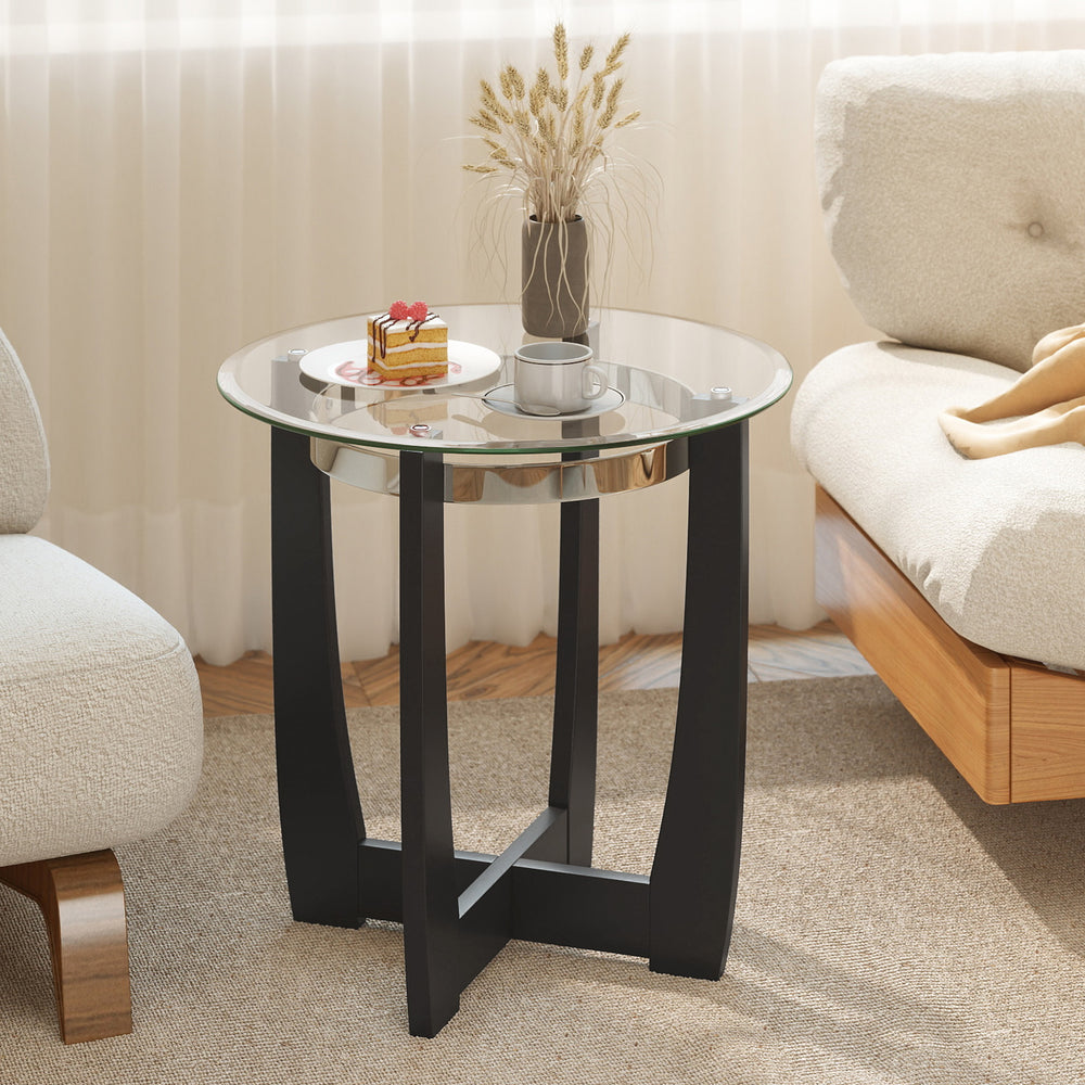 Round side table with tempered glass top and solid rubber wood base, perfect for living room or office use.