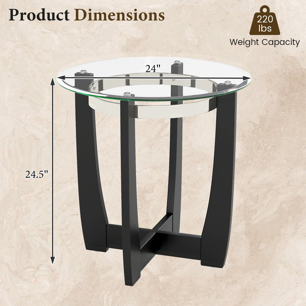 Round side table with a 24-inch tempered glass top and solid rubber wood base, ideal for living room or office use.