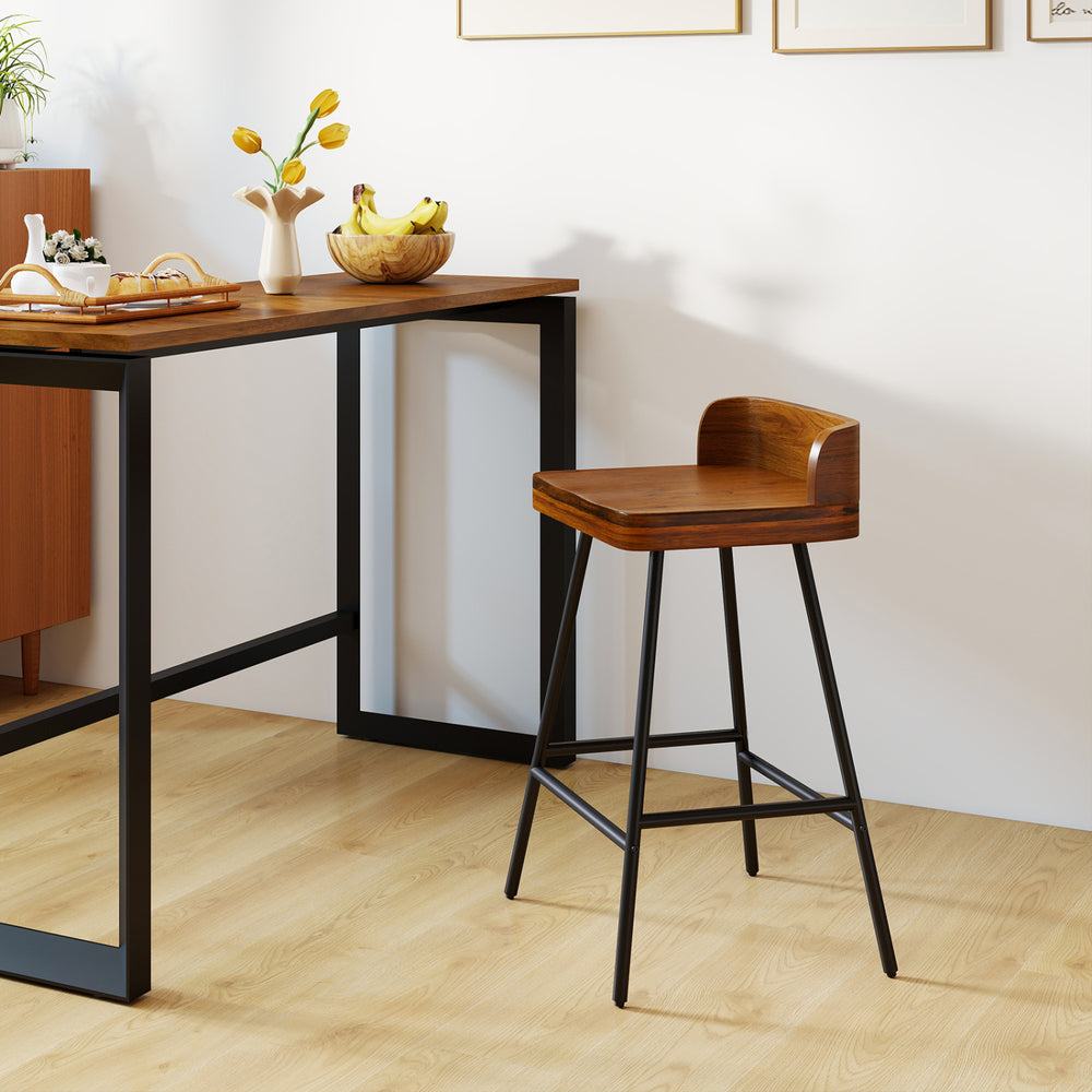 Counter height bar stool with a 24" rubber wood seat, metal legs, and low backrest, perfect for kitchen islands and dining rooms.