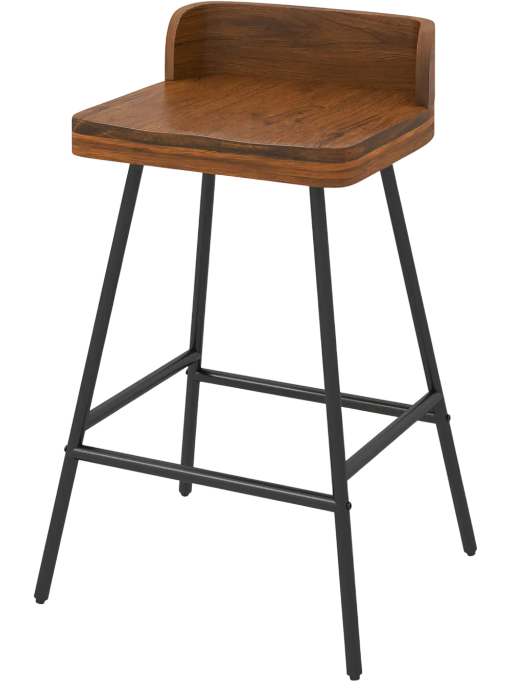 Counter height bar stool with a 24" rubber wood seat, low backrest, and sturdy black metal legs for versatile kitchen use.