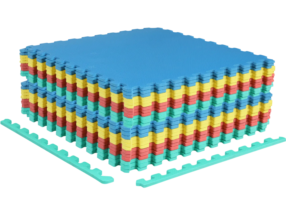 Multicolor interlocking EVA foam floor tiles, 0.5" thick, non-slip surface, ideal for home gym and living room use.