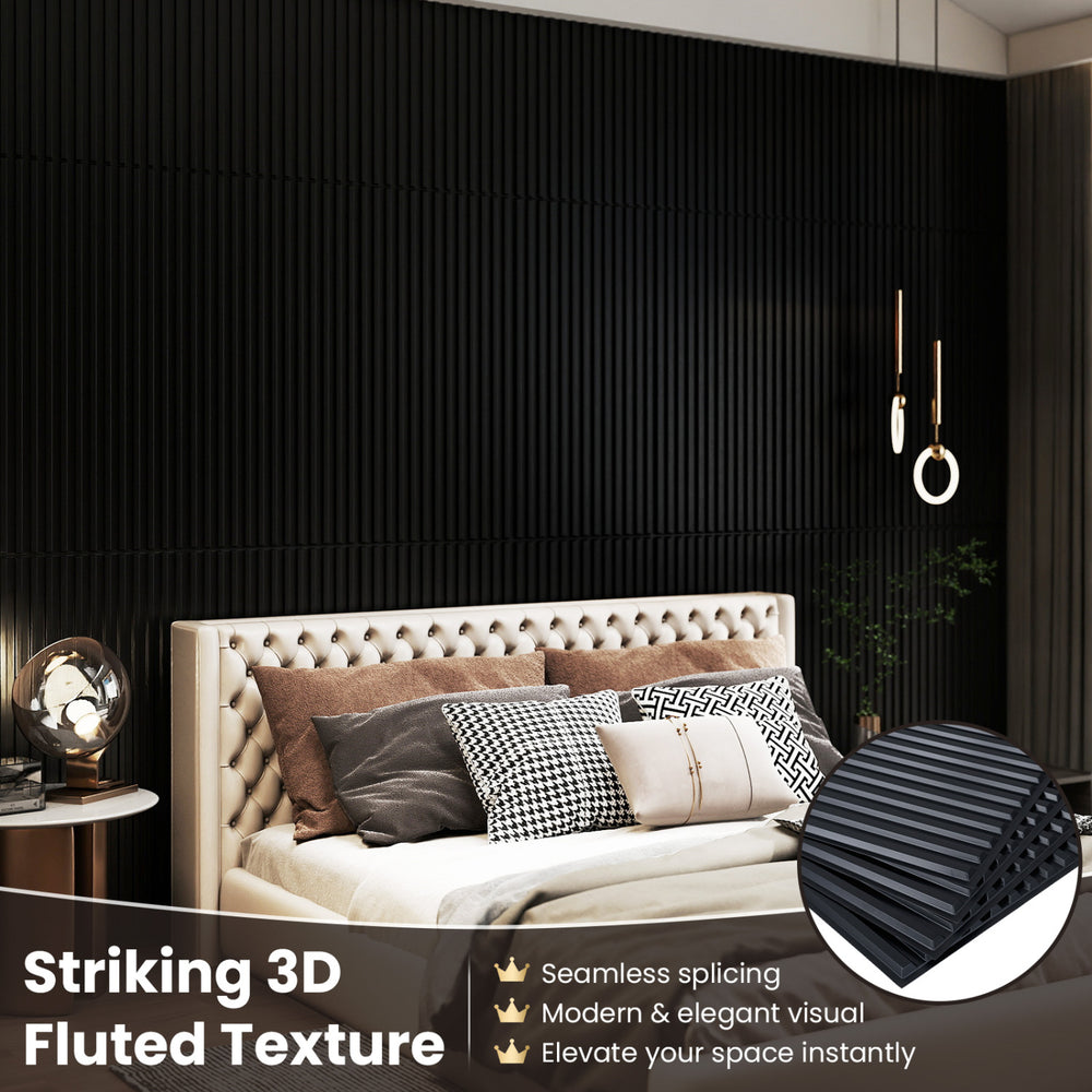 Black PVC slat wall panels showcasing striking 3D fluted texture, perfect for modern interior decoration.