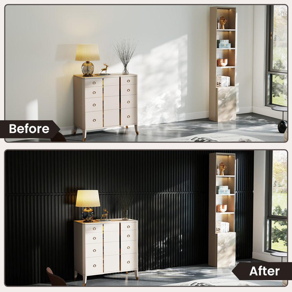 Black PVC slat wall panels with 3D fluted texture for elegant interior wall decoration in living rooms and more.