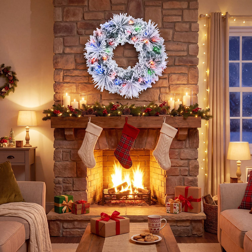 24-inch pre-lit Christmas wreath with frosted branch tips and multicolored LED lights above a festive fireplace.