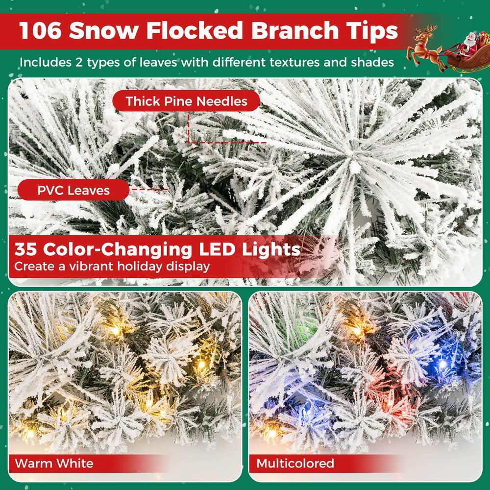 24-inch pre-lit Christmas wreath with frosted branch tips and 35 color-changing LED lights in warm white and multicolor modes.