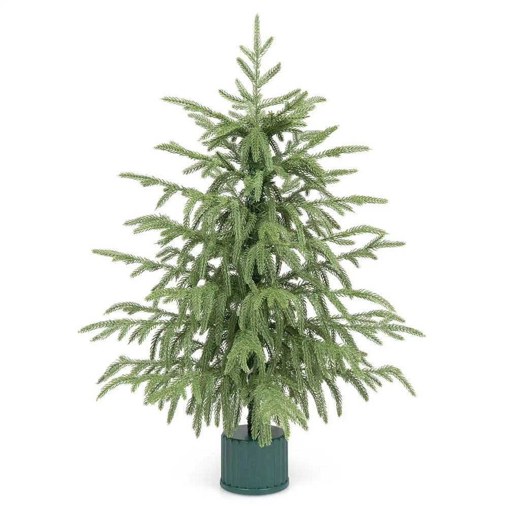 24" pre-lit tabletop Christmas tree with realistic PE branch tips and rotating musical base for festive holiday decor.