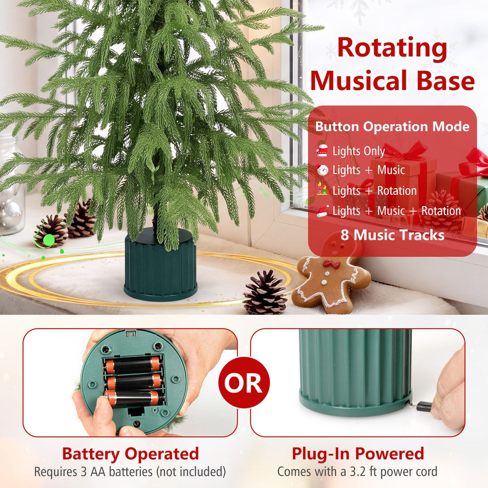 24" pre-lit tabletop Christmas tree with a rotating musical base, featuring 35 LED lights and 8 music tracks for festive cheer.