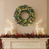 24” pre-lit Christmas wreath with 90 frosted branch tips, red berries, and warm white LED lights for festive decor.