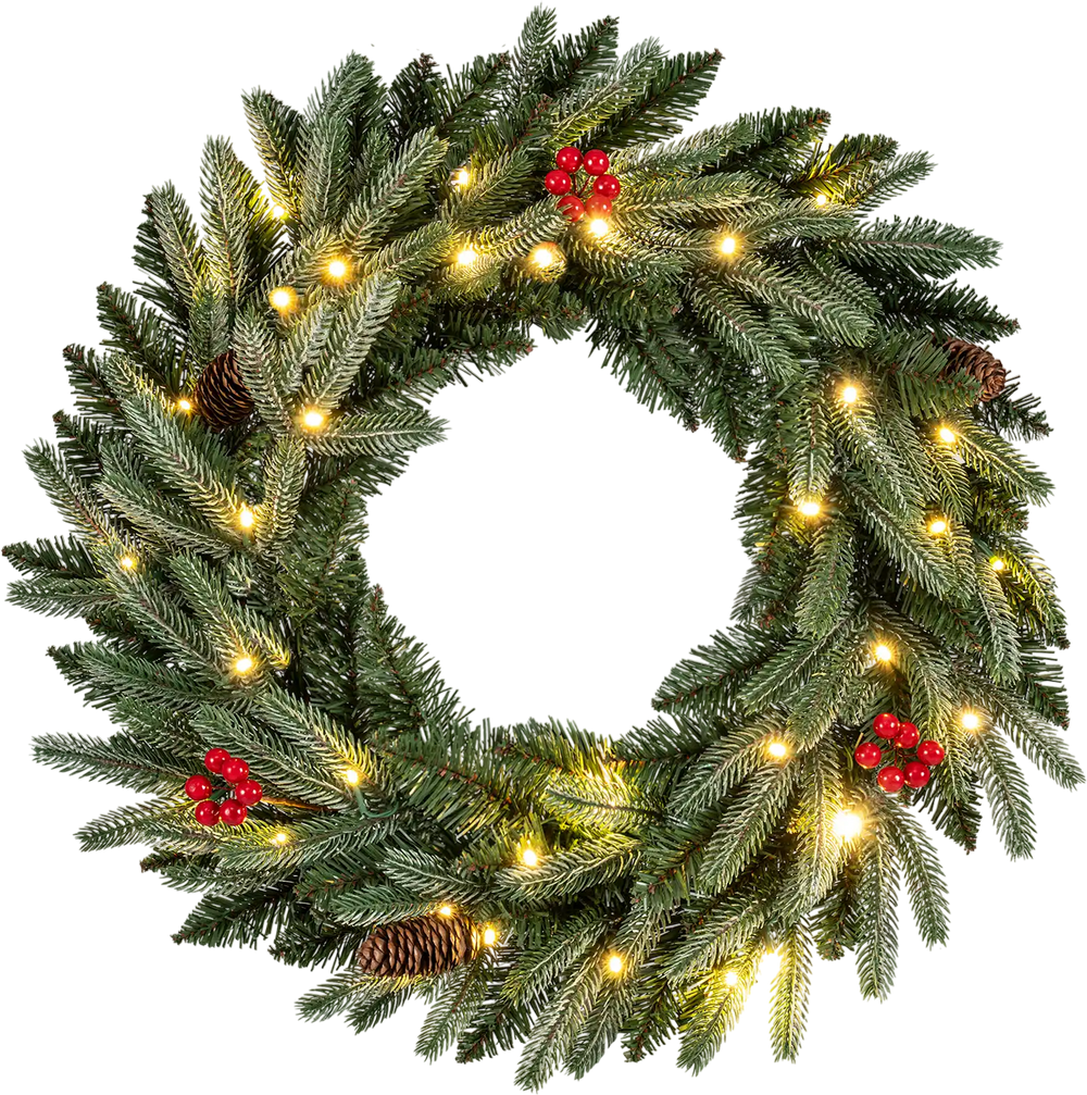 24” Pre-lit Christmas Wreath Front Door Artificial Xmas Wreath with 90 Frosted Branch Tips