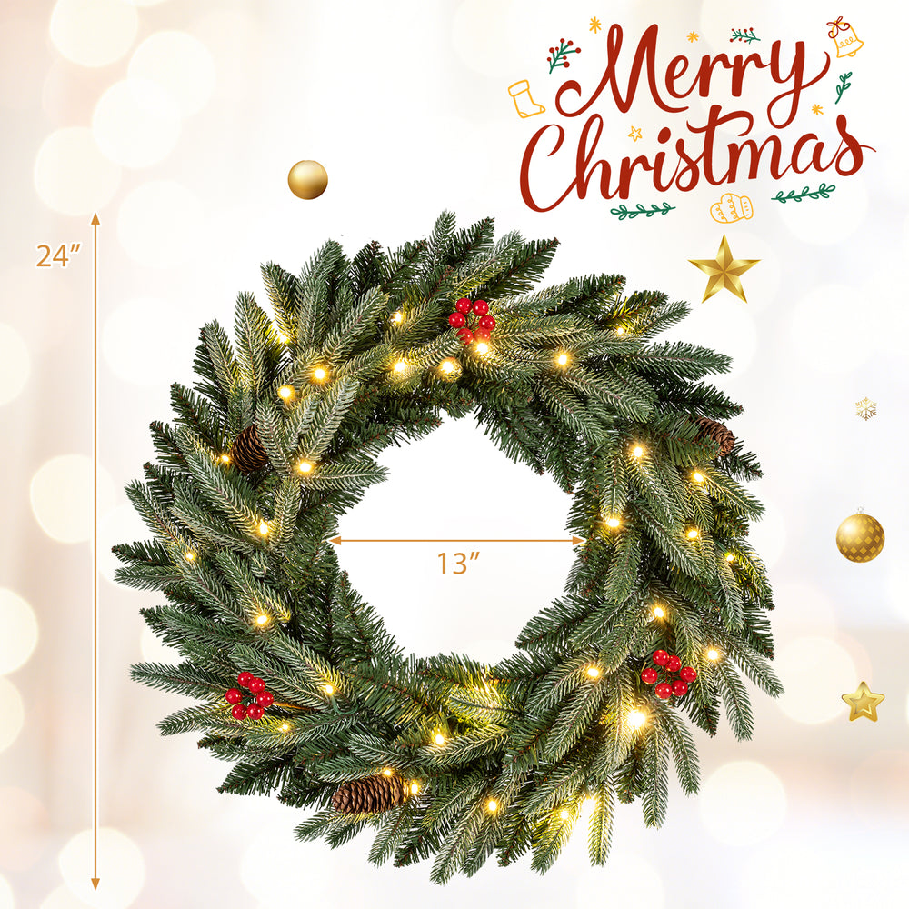 24” pre-lit Christmas wreath featuring 90 glittered branch tips, red berries, and pine cones, perfect for festive decor.