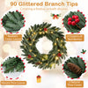 24” pre-lit Christmas wreath featuring 90 glittered branch tips, red berries, and natural pine cones for festive decor.