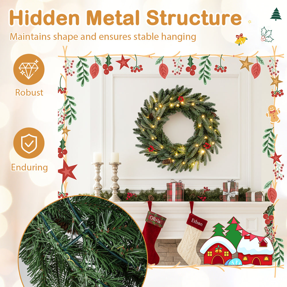 24” pre-lit Christmas wreath showcasing a hidden metal structure for stable hanging and 20 warm white LED lights.