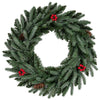 24” pre-lit Christmas wreath featuring 90 frosted branch tips, red berries, and pine cones for festive door decoration.