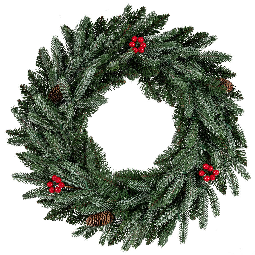 24” pre-lit Christmas wreath featuring 90 frosted branch tips, red berries, and pine cones for festive door decoration.