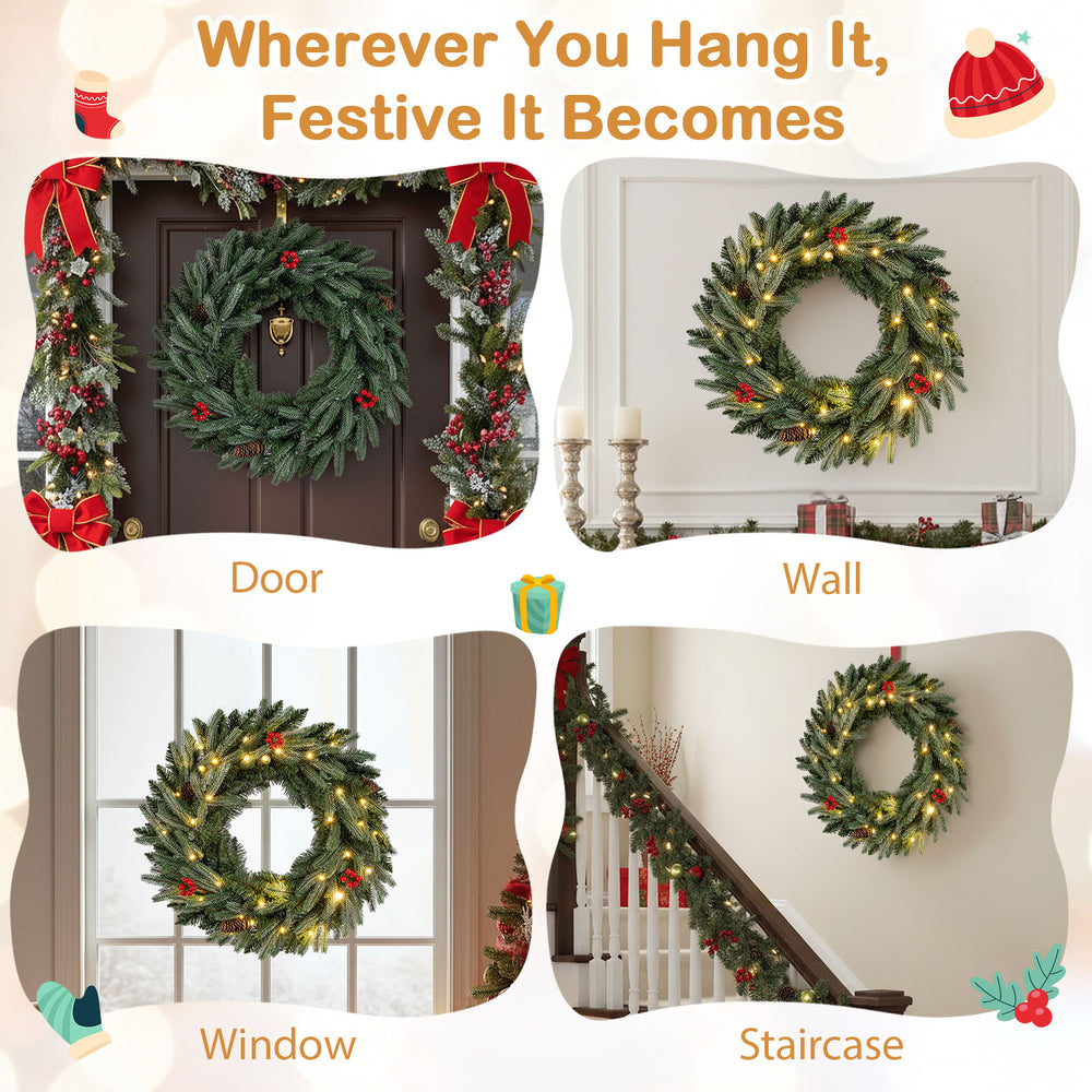 24” pre-lit Christmas wreath with 90 frosted branch tips and a hidden metal structure for stable hanging on a staircase.