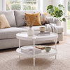 Round white coffee table with plastic top and metal legs, featuring an open shelf for extra storage in small spaces.