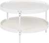 Round white coffee table with plastic top and metal legs, featuring an open shelf for extra storage and a raised edge design.