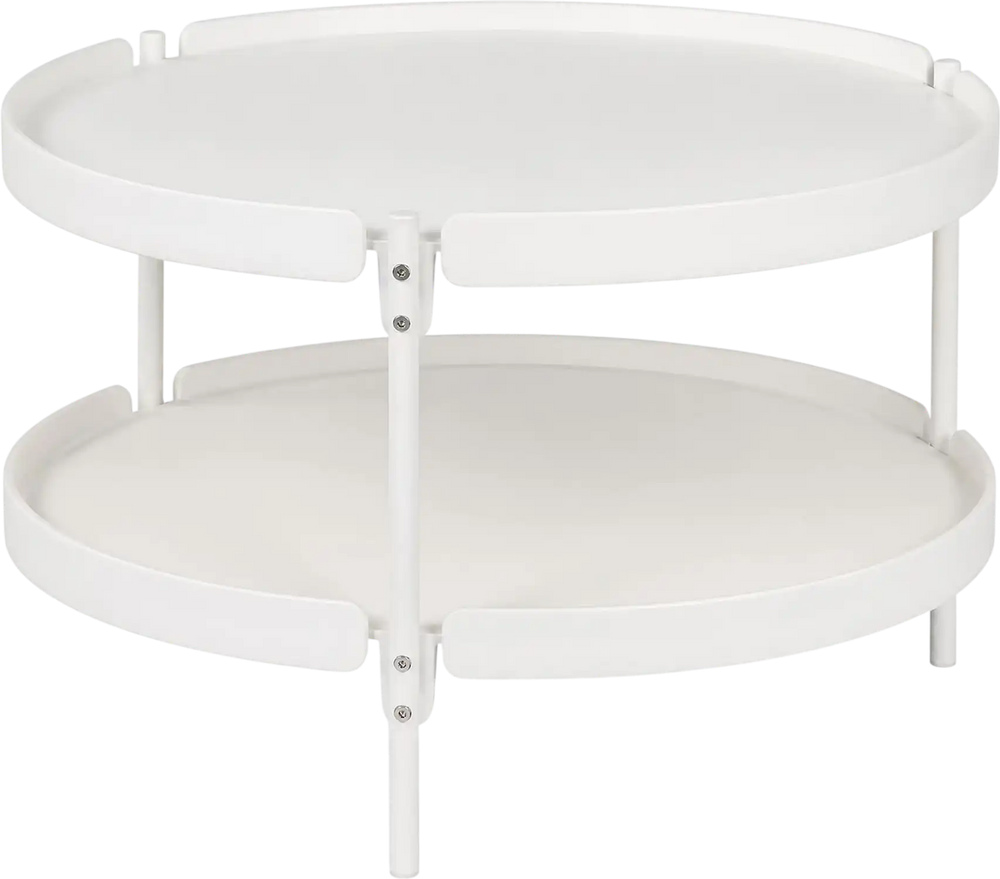 Round white coffee table with plastic top and metal legs, featuring an open shelf for extra storage and a raised edge design.