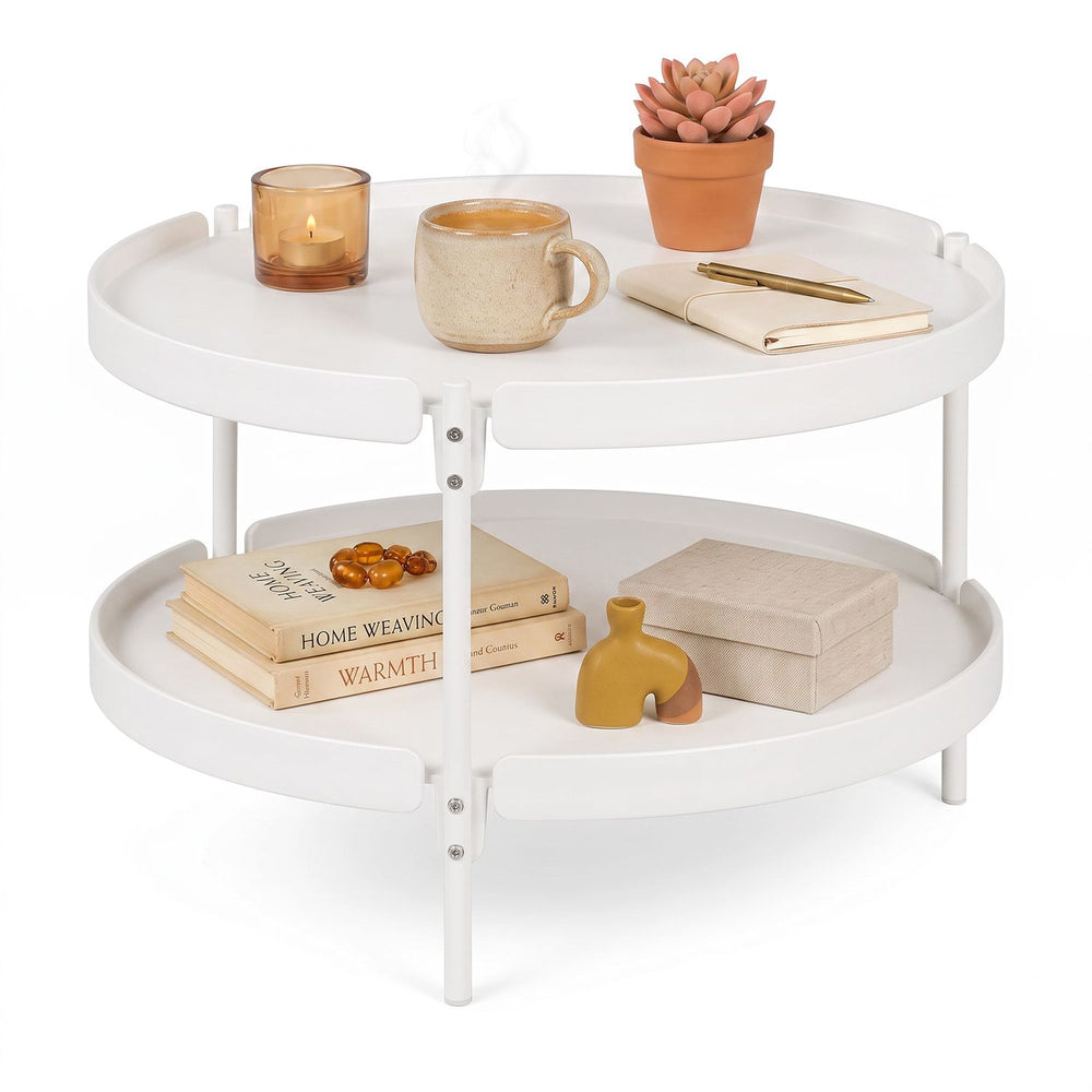 Round white coffee table with plastic top and metal legs, featuring an open shelf for extra storage in compact spaces.