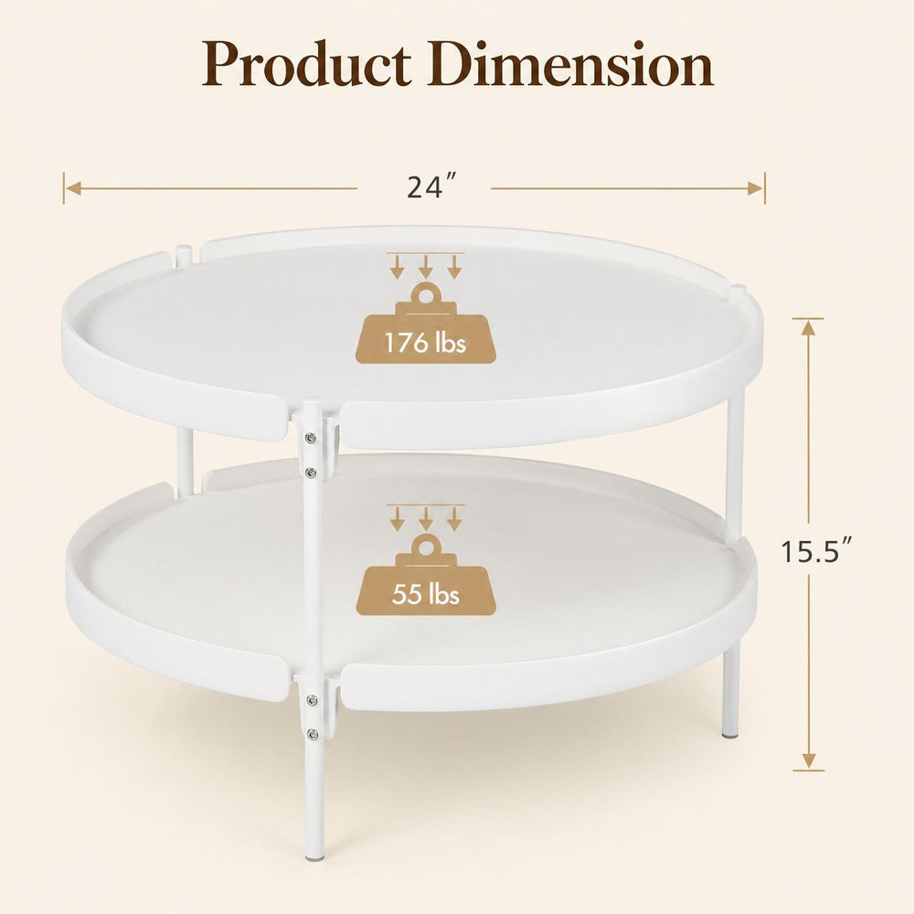 24" round white coffee table with metal legs, featuring a waterproof surface and extra storage space for small living areas.