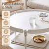 Round 24" white coffee table with a smooth plastic surface, anti-scratch features, and sturdy metal legs for small spaces.