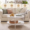 Round white coffee table with plastic top and metal legs, featuring an open shelf for extra storage in small living spaces.