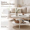 24" round white coffee table with metal legs, featuring a waterproof surface and raised edges for extra storage and safety.