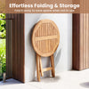 24" round solid teak outdoor folding bistro table with footrest, designed for space-saving storage on patios or.