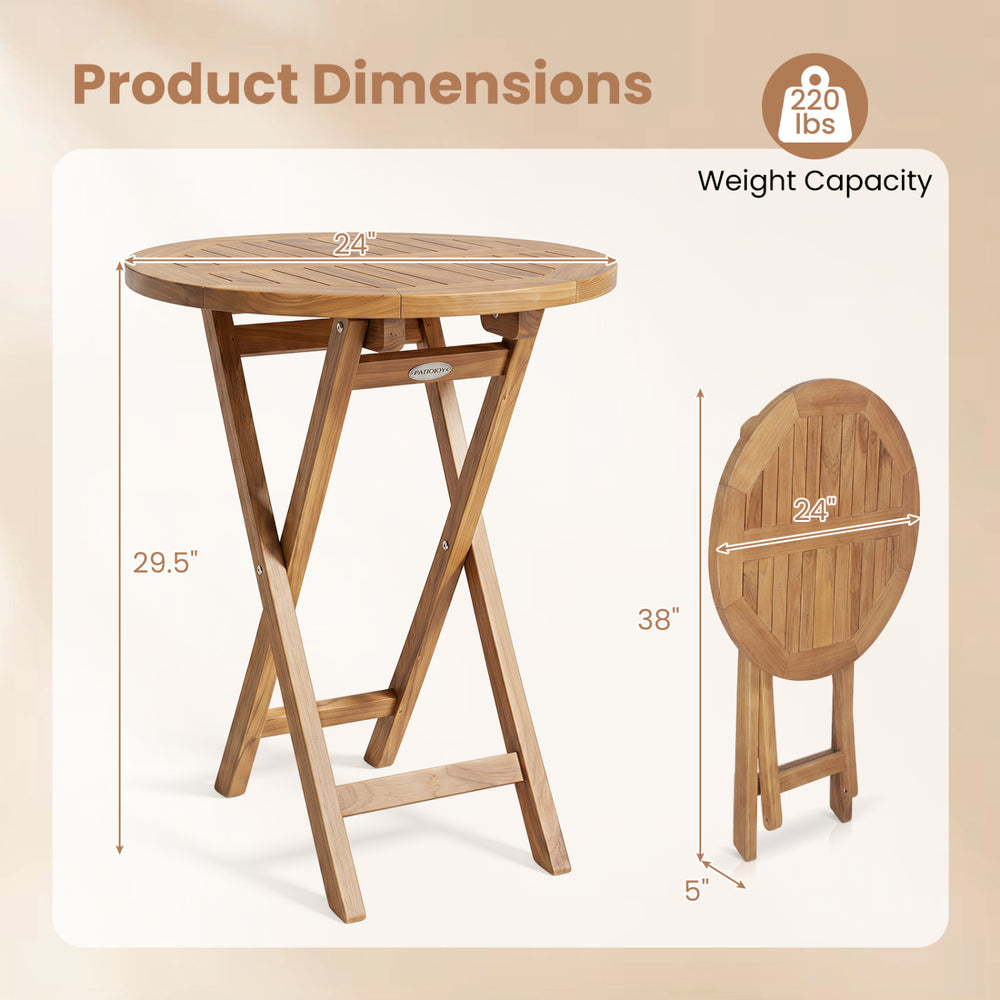 24" round solid teak outdoor folding bistro table with footrest, featuring a smooth surface and space-saving design.