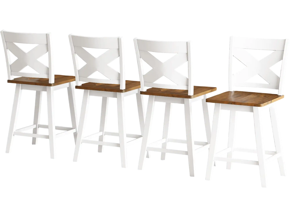 Set of four 24" white rubberwood swivel barstools with backrest, ideal for kitchen islands and dining rooms.