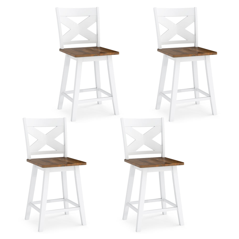 Set of 4 white rubberwood swivel barstools with backrest and large seat, perfect for kitchen islands and dining rooms.