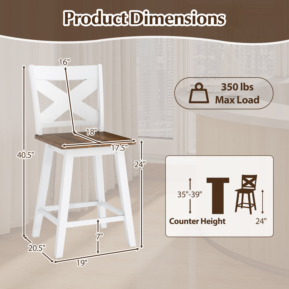 24" rubberwood swivel barstool with backrest, featuring a large seat and robust metal base, ideal for kitchen islands.