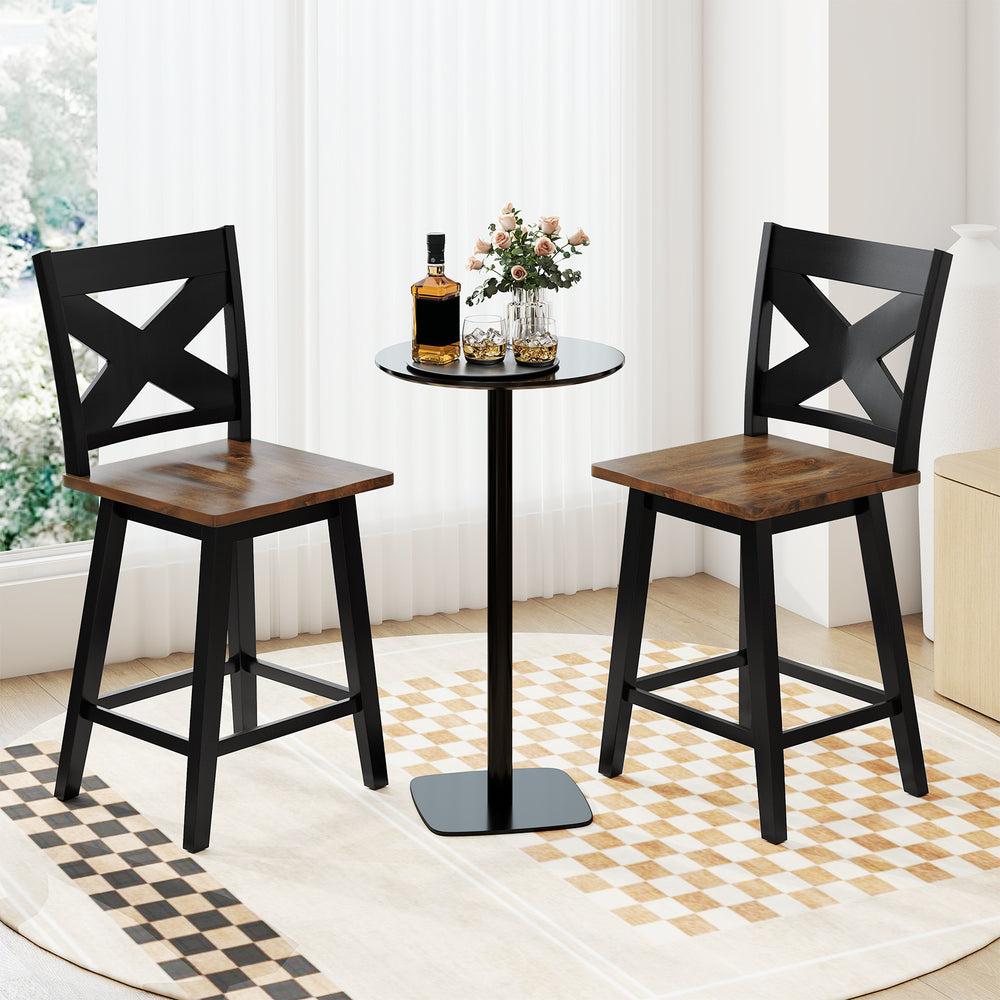 24" Rubberwood Swivel Barstools Set of 2 with Backrest and Large Seat-Black - Gallery View 1 of 9
