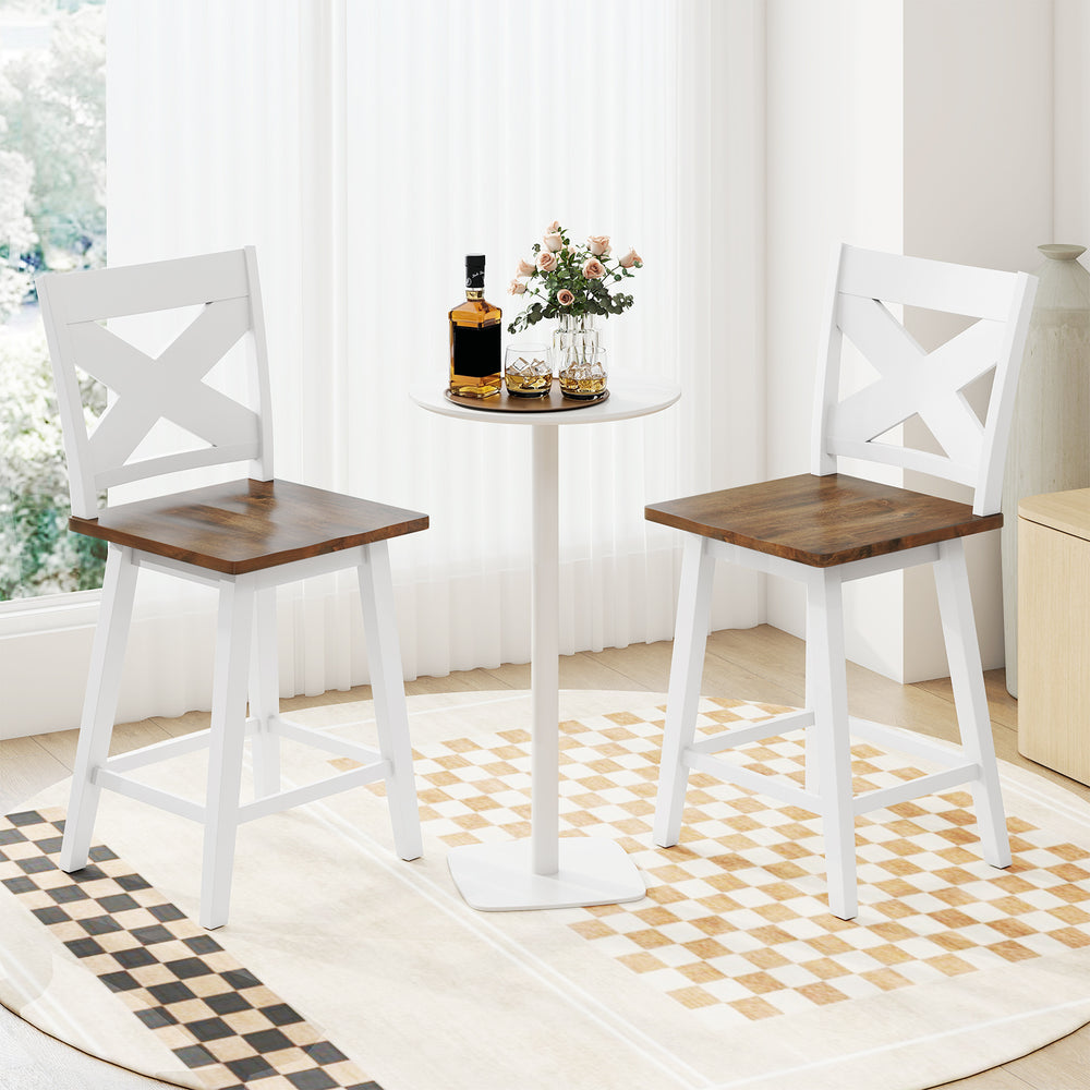 24" Rubberwood Swivel Barstools Set of 2 with Backrest and Large Seat-White - Gallery View 1 of 11