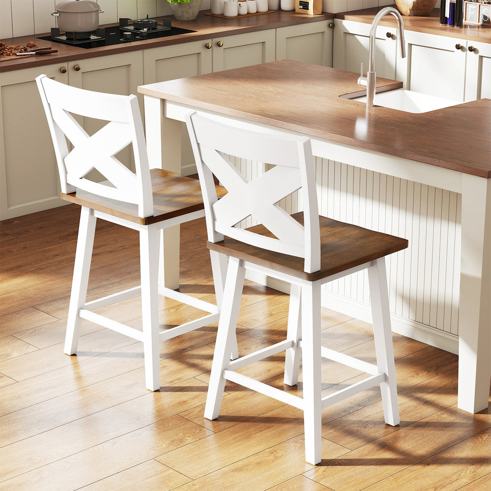 Set of 2 white rubberwood swivel barstools with backrest, featuring large seats for kitchen islands or dining rooms.