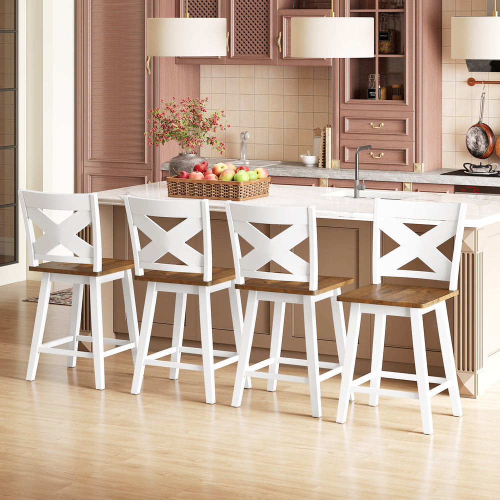 Set of four 24" white rubberwood swivel barstools with backrest, ideal for kitchen islands and dining rooms.