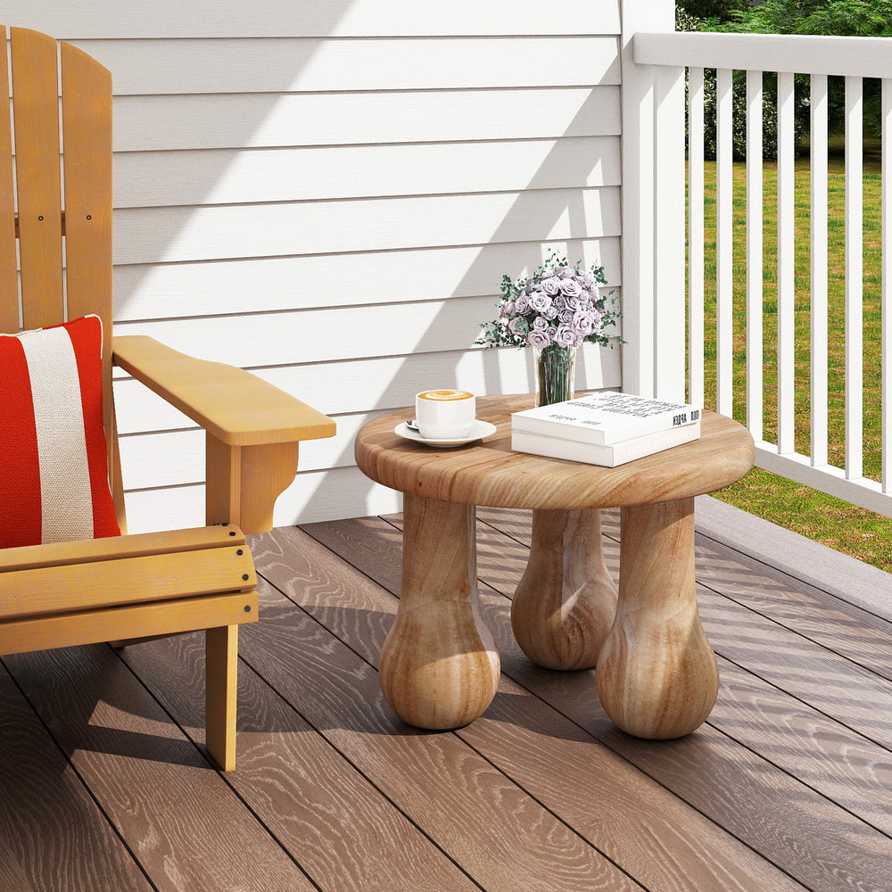 Small solid mahogany wood coffee table with thickened top and column legs, ideal for patio or porch use.