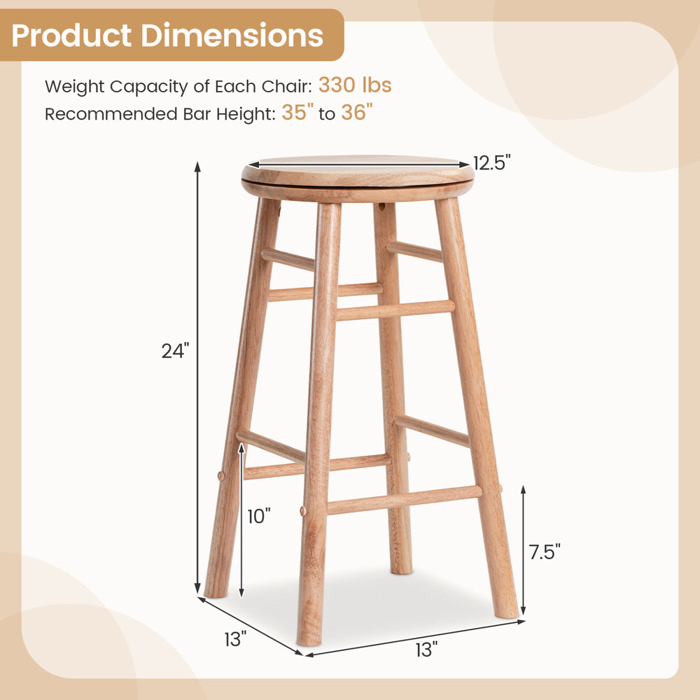 24" swivel bar stool with footrest, made of premium rubber wood, ideal for dining or living room use.