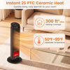 24-inch black PTC ceramic tower space heater with 7-color flame, providing 300 ft² heating coverage for cozy warmth.