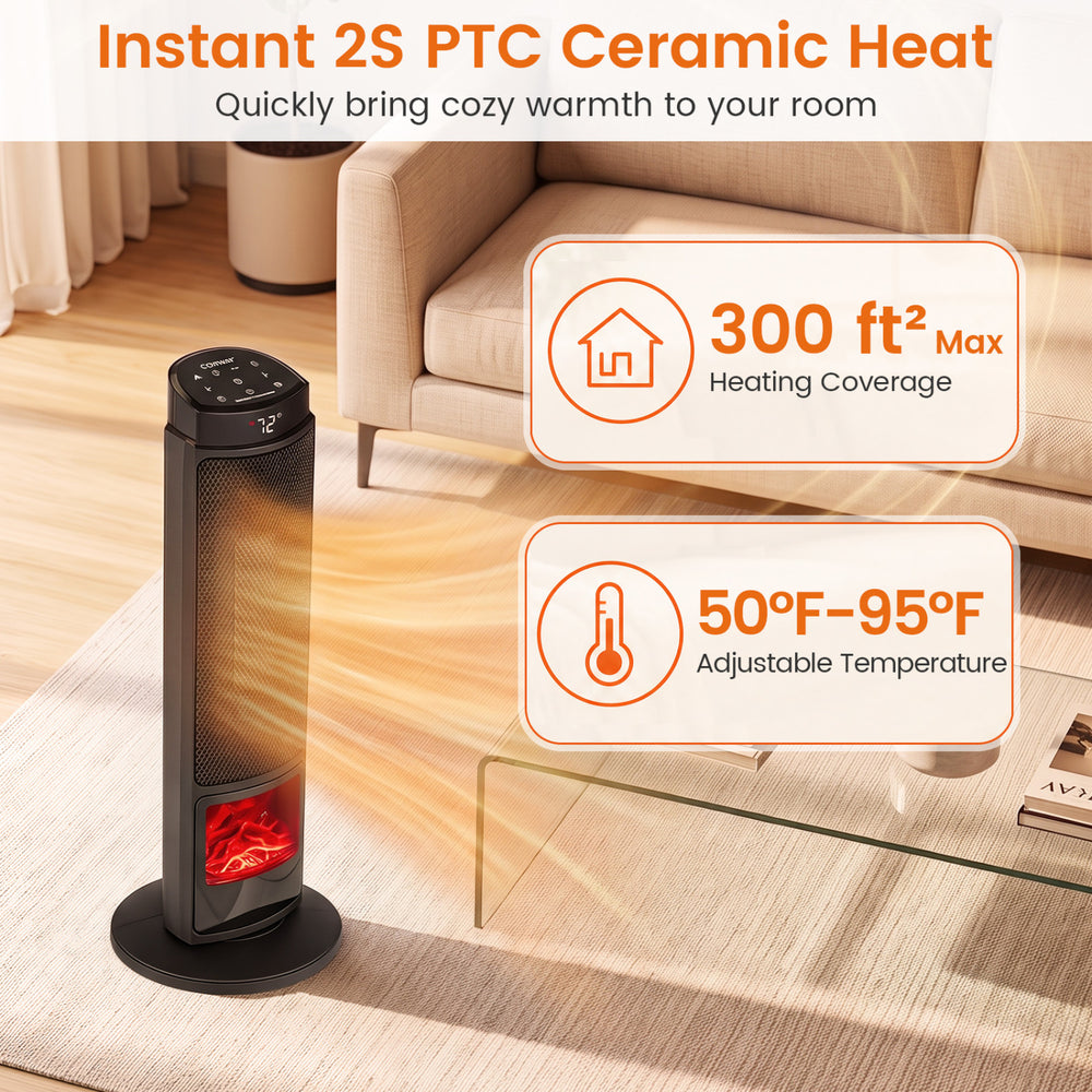 24-inch black PTC ceramic tower space heater with 7-color flame, providing 300 ft² heating coverage for cozy warmth.