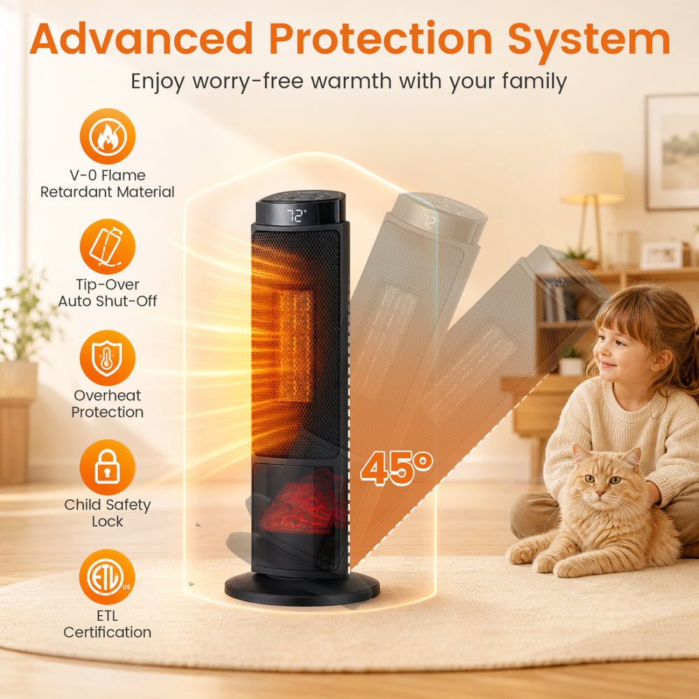 24-inch black ceramic tower space heater with customizable flame effect, oscillation, and advanced safety features for cozy warmth.