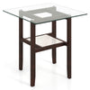 24-inch square coffee table with a tempered glass top and brown rubber wood legs, featuring a storage shelf for.