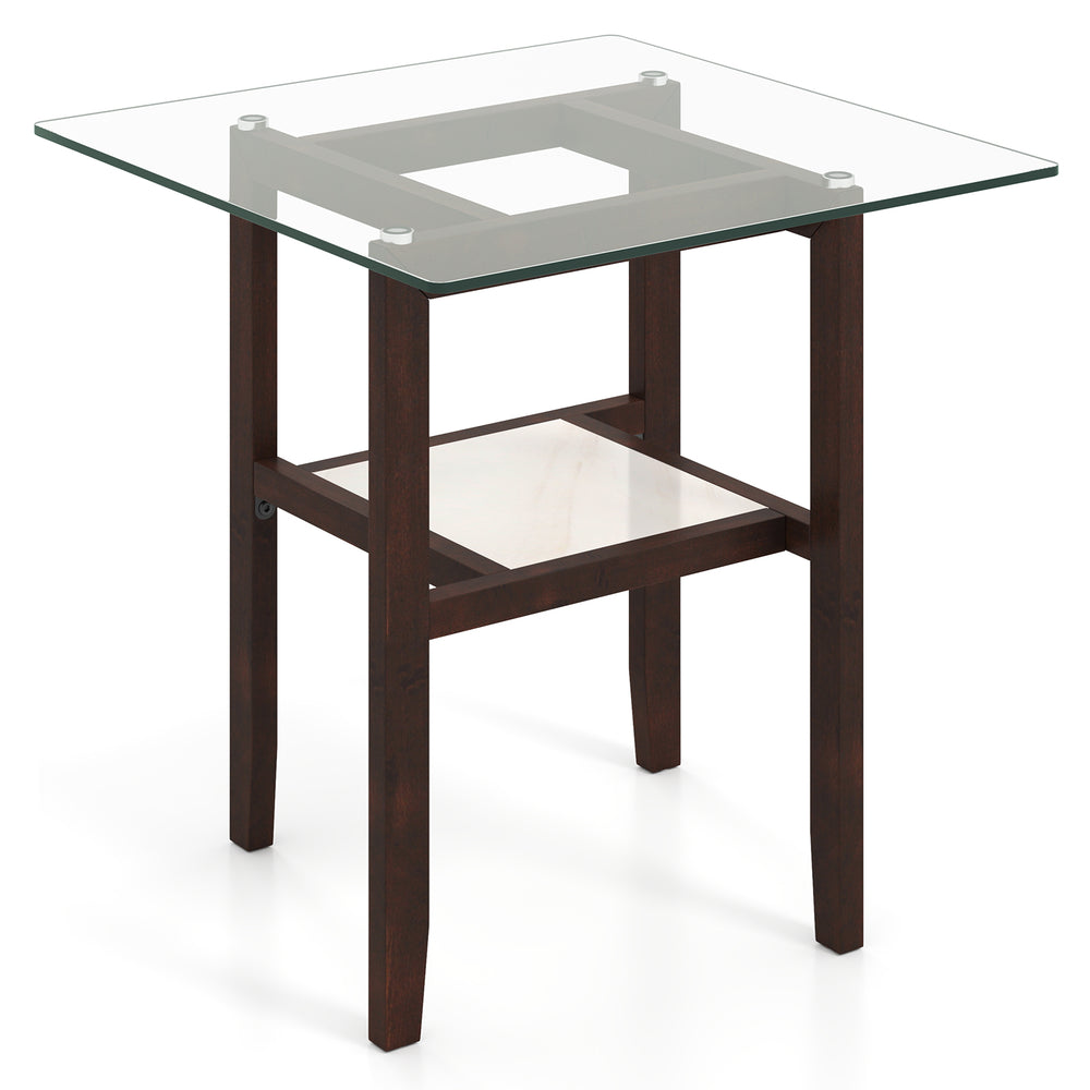 24-inch square coffee table with a tempered glass top and brown rubber wood legs, featuring a storage shelf for.