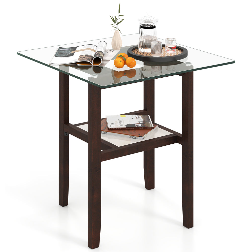 Square 24-inch glass coffee table with brown rubber wood legs and open storage shelf, perfect for versatile home use.