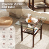 Square 24-inch glass coffee table with brown rubber wood legs and open shelf, perfect for books and snacks.