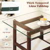Square 24-inch coffee table with a thick tempered glass top and brown rubber wood legs, ideal for versatile home use.