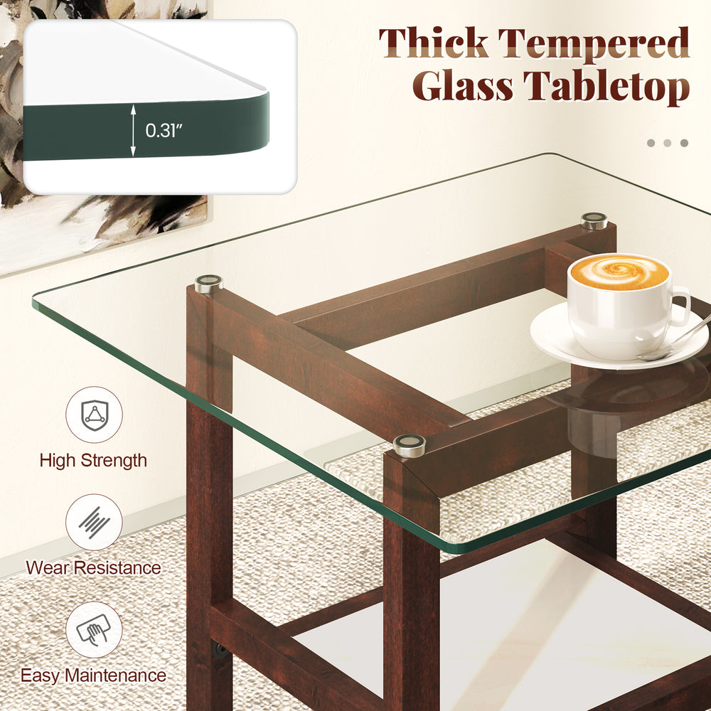 Square 24-inch coffee table with a thick tempered glass top and brown rubber wood legs, ideal for versatile home use.