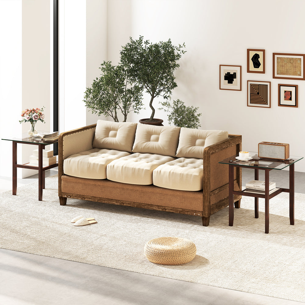 Square glass coffee table with brown rubber wood legs and open shelf, perfect for versatile home use and easy assembly.
