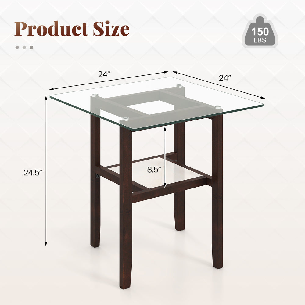 Square 24-inch glass coffee table with brown rubber wood legs and open shelf for versatile home use.